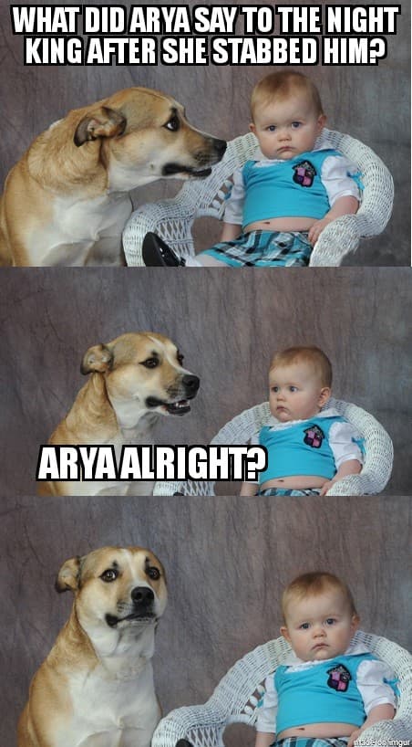 Game of Thrones memes - dog and baby bad joke meme - What Did Arya Say To The Night King After She Stabbed Him? Arya Alright?