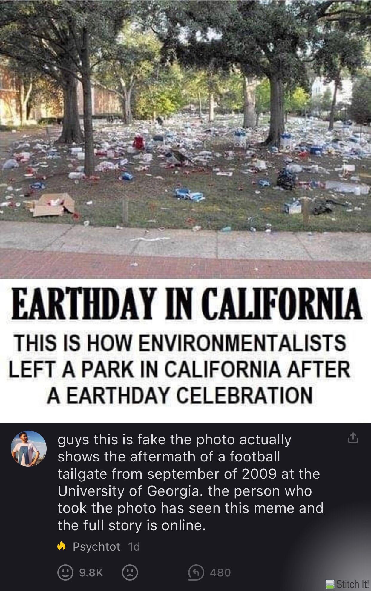 Bullshitters called out - trash after trump inauguration - Earthday In California This Is How Environmentalists Left A Park In California After A Earthday Celebration guys this is fake the photo actually shows the aftermath of a football tailgate from sep