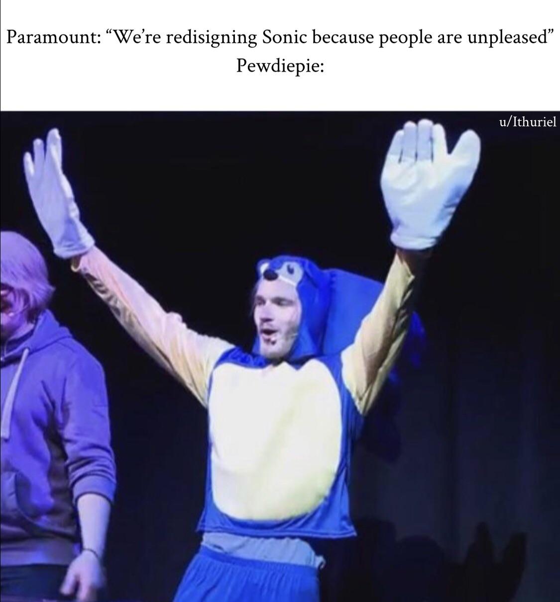 meme Sonic Movie Redesign memes - pewdiepie sonic costume - Paramount We're redisigning Sonic because people are unpleased Pewdiepie uIthuriel