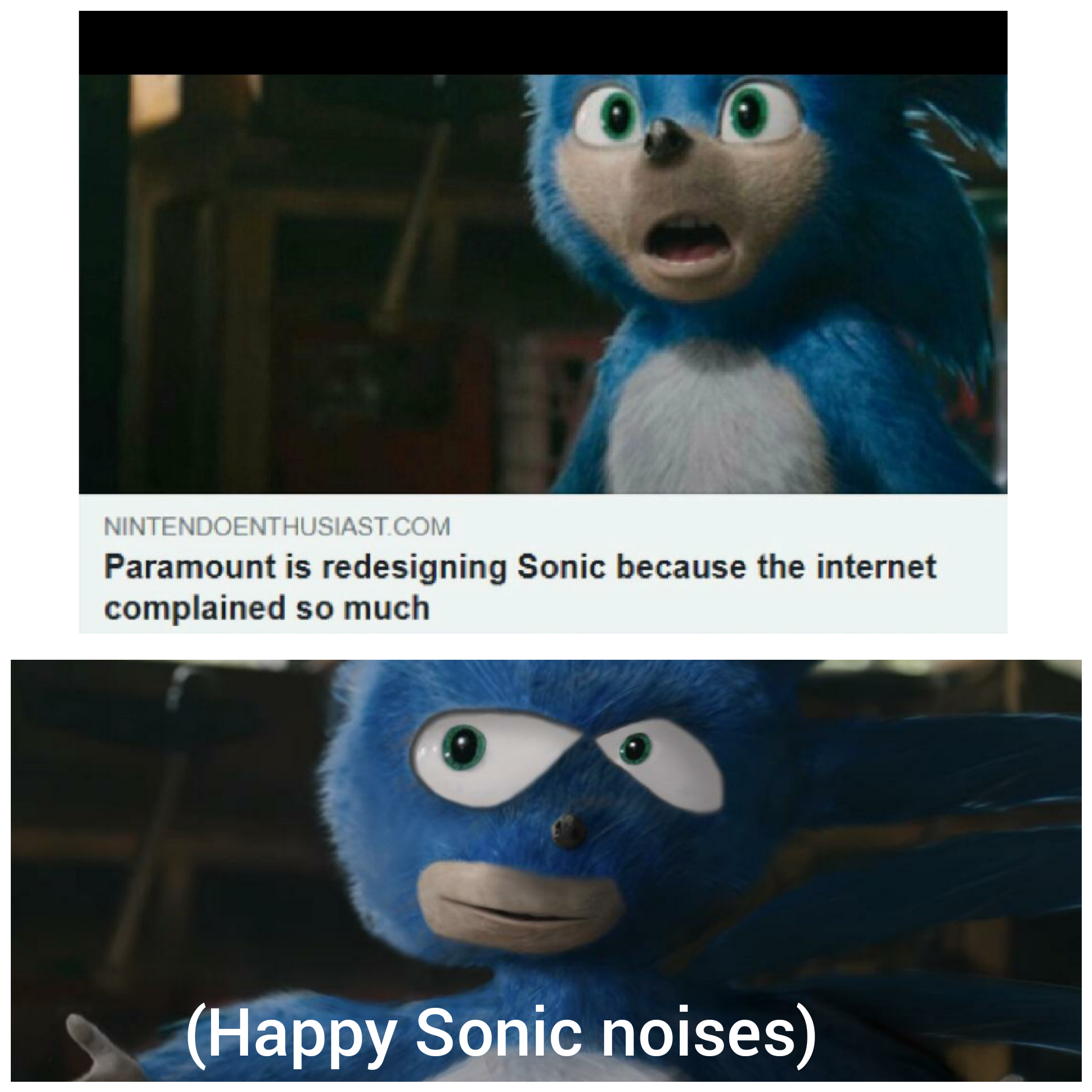 meme Sonic Movie Redesign memes - photo caption - Nintendoenthusiast Com Paramount is redesigning Sonic because the internet complained so much Happy Sonic noises