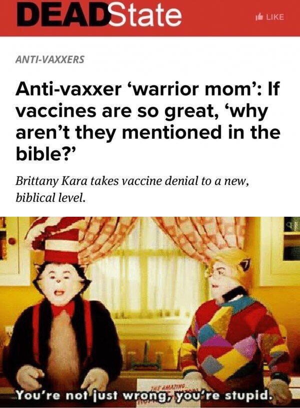 Offensive Meme - Antivaxxer 'warrior mom' If vaccines are so great, 'why aren't they mentioned in the bible?' Brittany Kara takes vaccine denial to a new, biblical level. You're not just wrong, you're stupid.