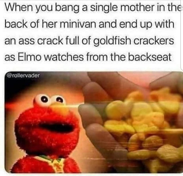 Offensive Meme - When you bang a single mother in the back of her minivan and end up with an ass crack full of goldfish crackers as Elmo watches from the backseat