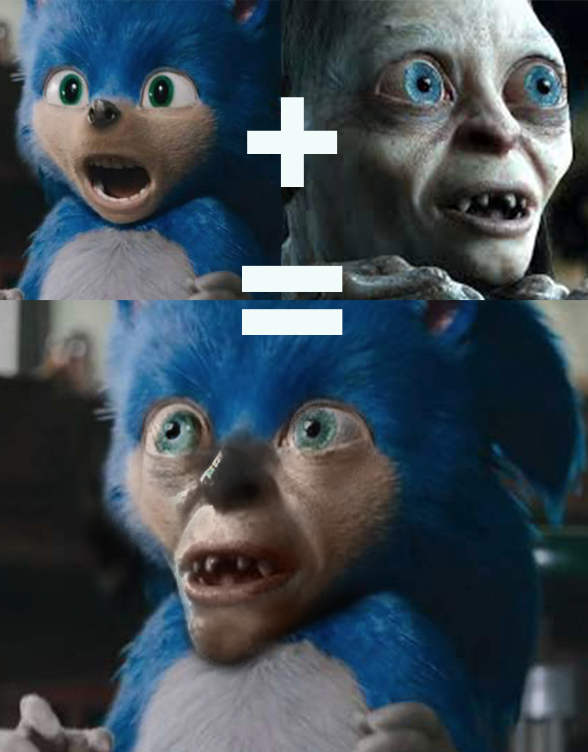 Sonic the hedgehog plus smeagol from Lord of the Rings and then a mixture of the two faces