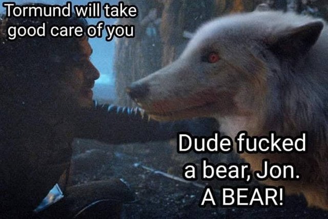 Ghost meme game of thrones - Tormund will take good care of you Dude fucked a bear, Jon. A Bear!