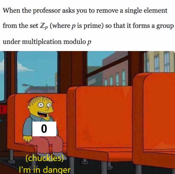 Funny math memes - chuckles i m in danger meme - When the professor asks you to remove a single element from the set Zp where p is prime so that it forms a group under multiplcation modulo p chuckles I'm in danger
