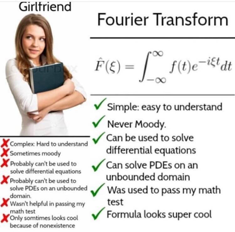Funny math memes - fourier transform meme - Girlfriend Fourier Transform E fteiet dt Simple easy to understand Never Moody. Can be used to solve Complex Hard to understand Sometimes moody differential equations Probably can't be used to Can solve PDEs on 