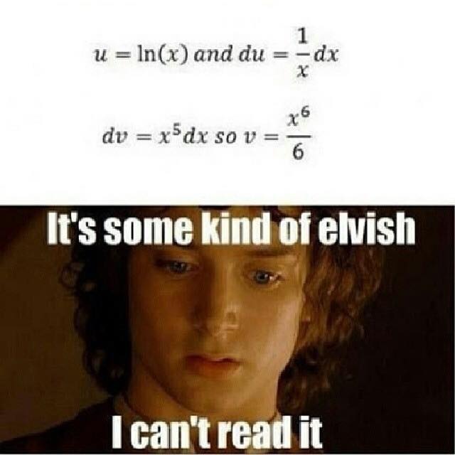 Funny math memes - lotr math meme - u Inx and du Ede dv xdx so v are It's some kind of elvish I can't read it