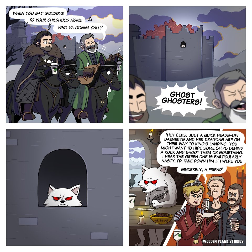 Ghost meme GOT S8E4 - Cartoon of how ghost tells the weakness of Rhaegal