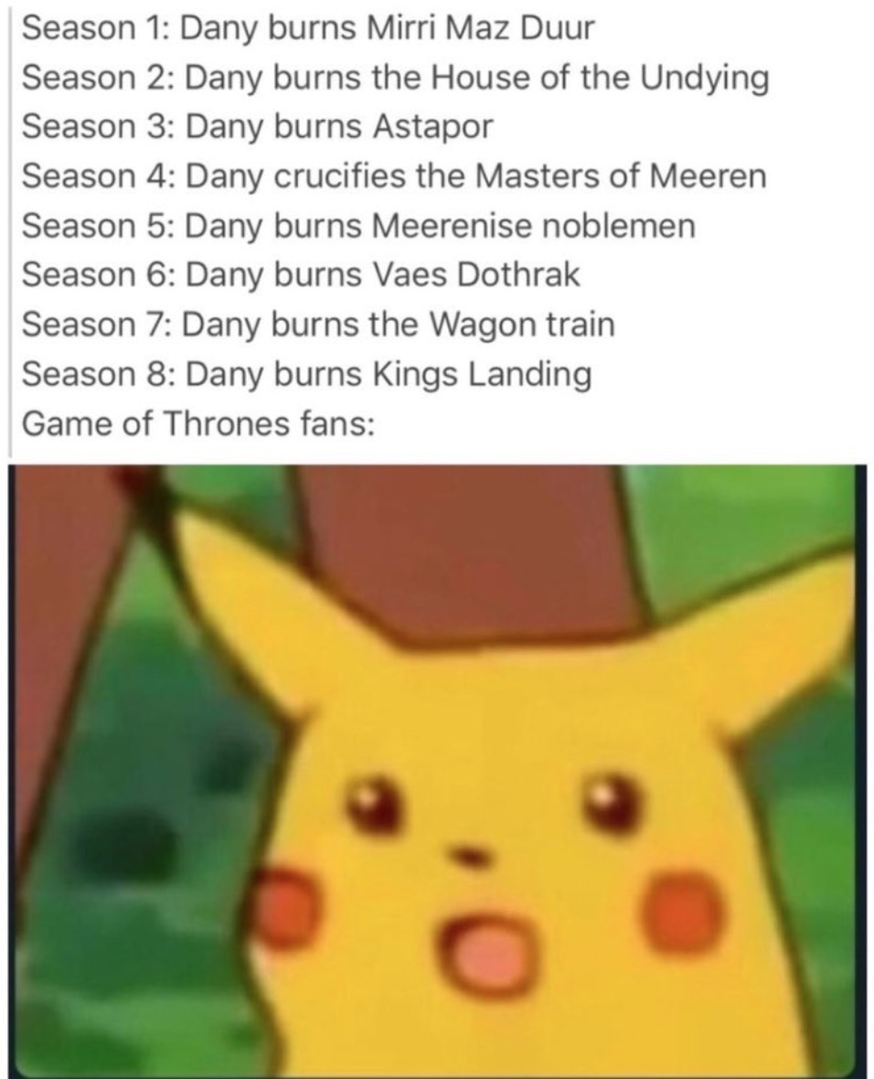Game of Thrones Season 8 Episode 5 memes - chuck e cheese meme - Season 1 Dany burns Mirri Maz Duur Season 2 Dany burns the House of the Undying Season 3 Dany burns Astapor Season 4 Dany crucifies the Masters of Meeren Season 5 Dany burns Meerenise noblem