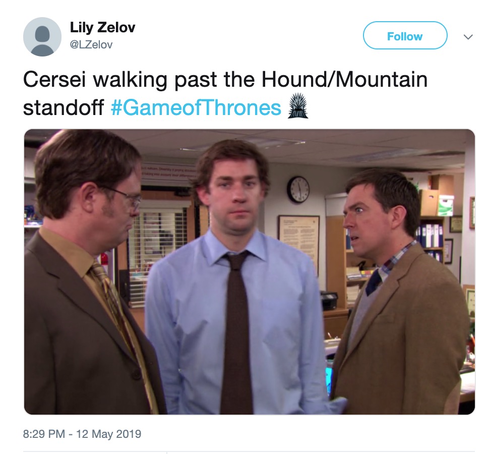 Game of Thrones Season 8 Episode 5 memes - office fight - Lily Zelov Cersei walking past the HoundMountain standoff