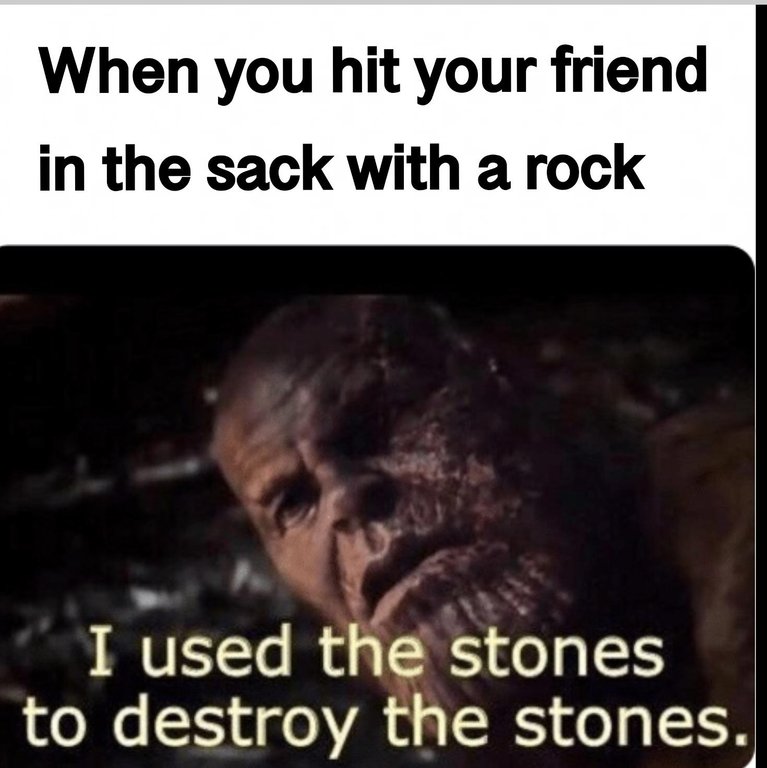 Thanos Endgame meme - When you hit your friend in the sack with a rock I used the stones to destroy the stones.