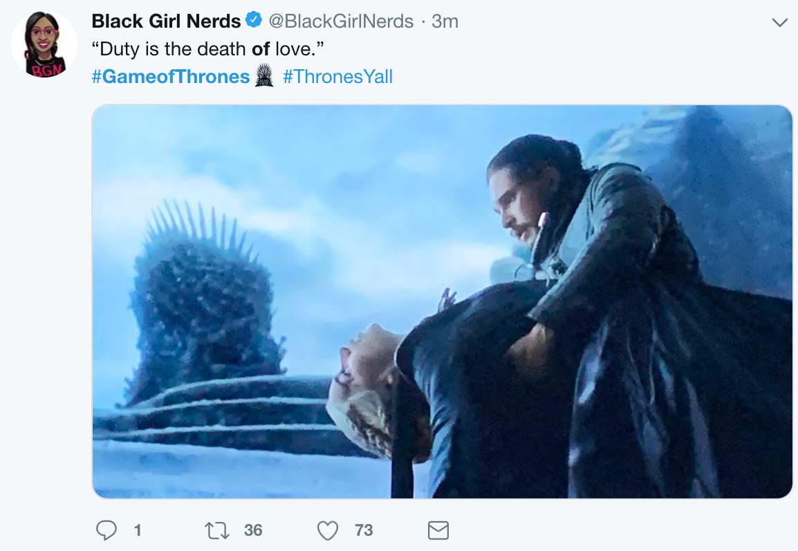 game of thrones final episode meme - video - Black Girl Nerds 3m Duty is the death of love.