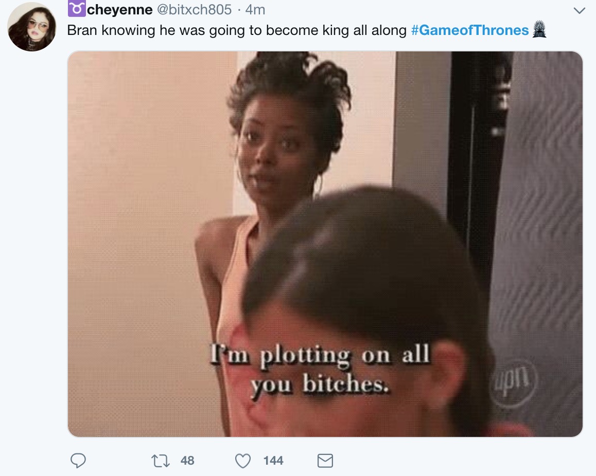 game of thrones final episode meme - bitches plotting - cheyenne 4m Bran knowing he was going to become king all along i I'm plotting on all you bitches. 22 48 144