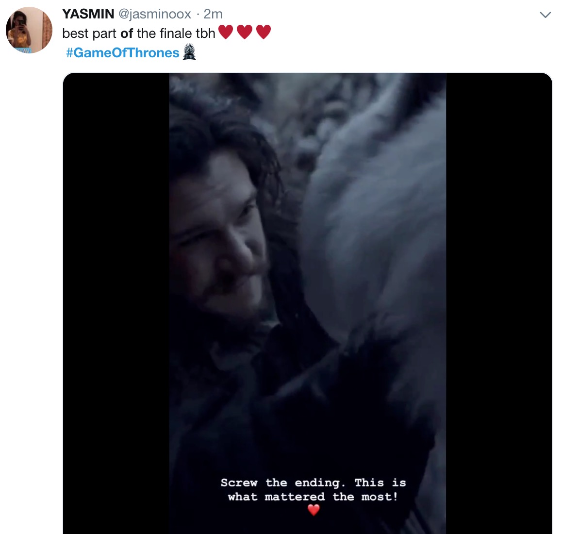 game of thrones final episode meme - photo caption - Yasmin 2m best part of the finale tbh Screw the ending. This is what mattered the most!