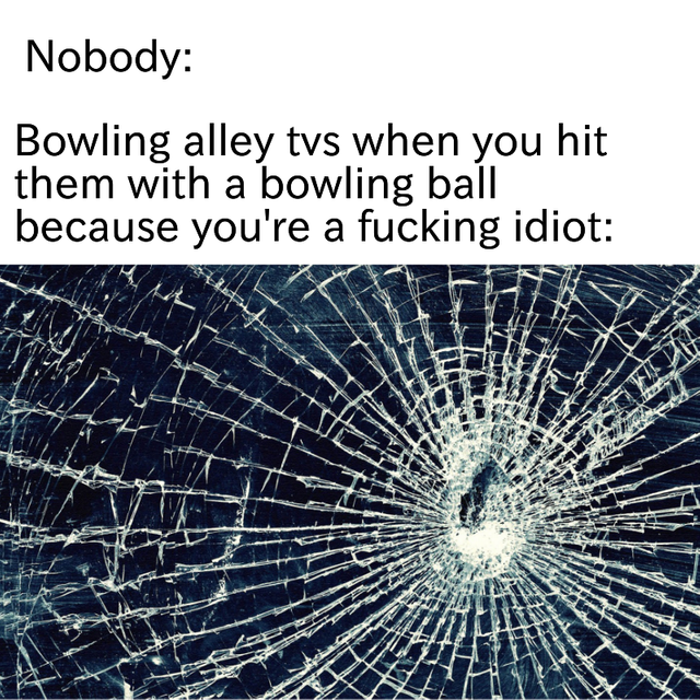 meme bowling alley when you get a strike meme - screen break - Nobody Bowling alley tvs when you hit them with a bowling ball because you're a fucking idiot