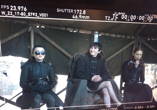Game of Thrones Final Episode Behind the Scenes photo with Bran, Arya, and Sansa