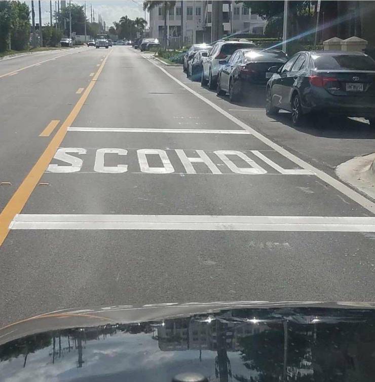 Nailed it - road crew misspells school in school crossing