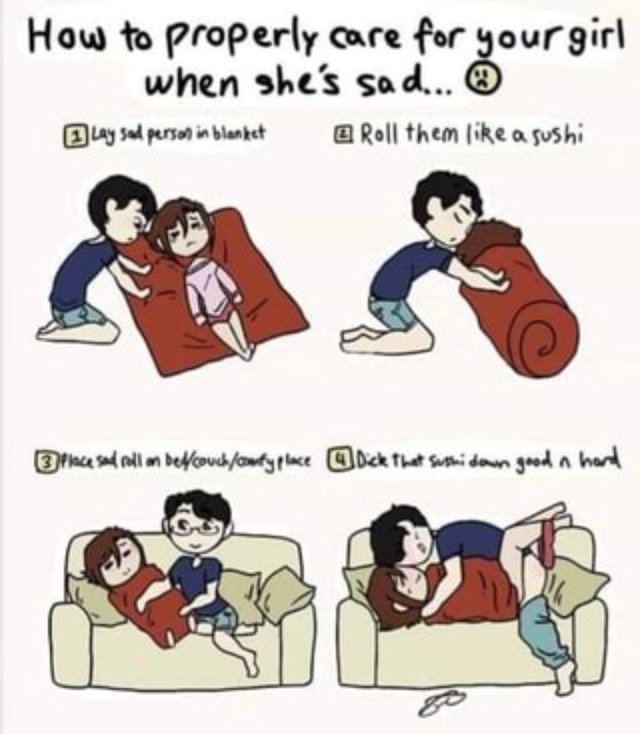 Sex Memes - comics - How to properly care for your girl when she's sad... Lay sed person in blanket Roll them a sushi Place sad fall om beffcouchcontyplace Dick Thet Sushi down good n hard