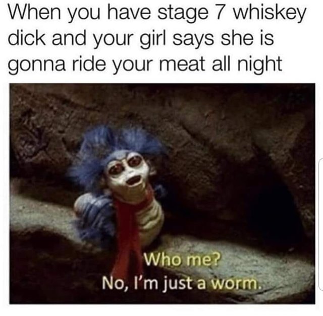 Sex Memes - stage 7 whiskey dick worm - When you have stage 7 whiskey dick and your girl says she is gonna ride your meat all night Who me? No, I'm just a worm.