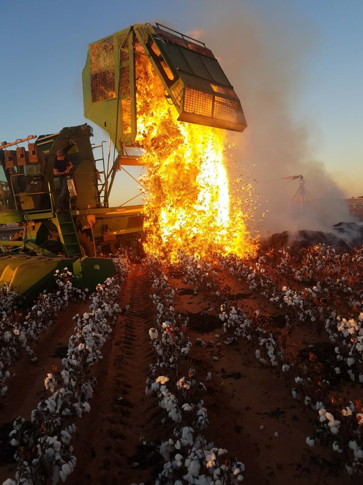 random pics - cotton harvester fire