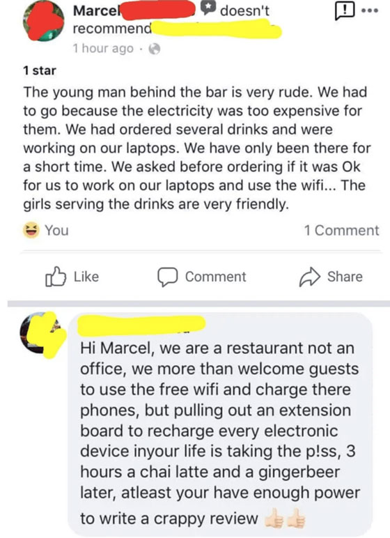 people caught lying - document - doesn't Marcel recommend 1 hour ago. 1 star The young man behind the bar is very rude. We had to go because the electricity was too expensive for them. We had ordered several drinks and were working on our laptops. We have