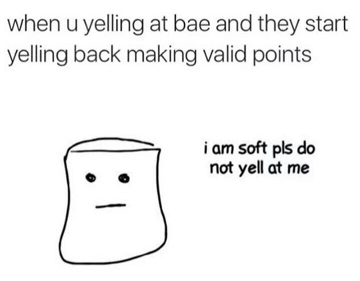 relationship meme - am soft pls dont yell at me - when u yelling at bae and they start yelling back making valid points i am soft pls do not yell at me