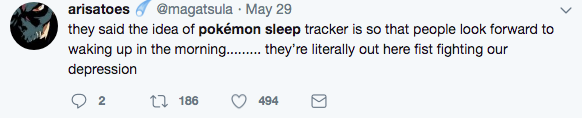 Pokemon Sleep meme - Screenshot - arisatoes . May 29 they said the idea of pokemon sleep tracker is so that people look forward to waking up in the morning....... they're literally out here fist fighting our depression 2 2 186 494 g