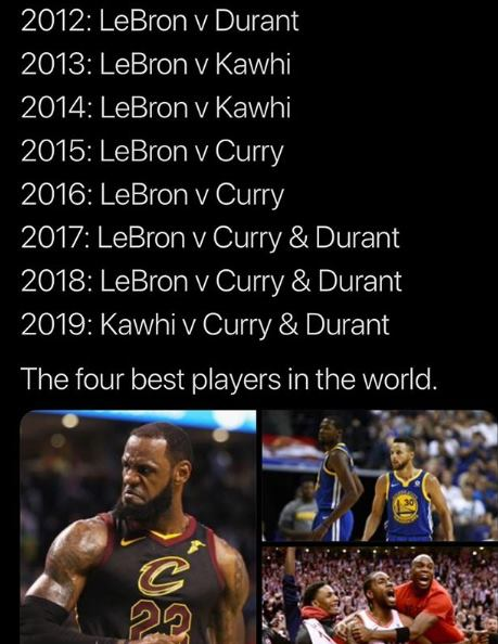 funny nba finals meme that about basketball player - 2012 LeBron v Durant 2013 LeBron v Kawhi 2014 LeBron v Kawhi 2015 LeBron v Curry 2016 LeBron v Curry 2017 LeBron v Curry & Durant 2018 LeBron v Curry & Durant 2019 Kawhi v Curry & Durant The four best p