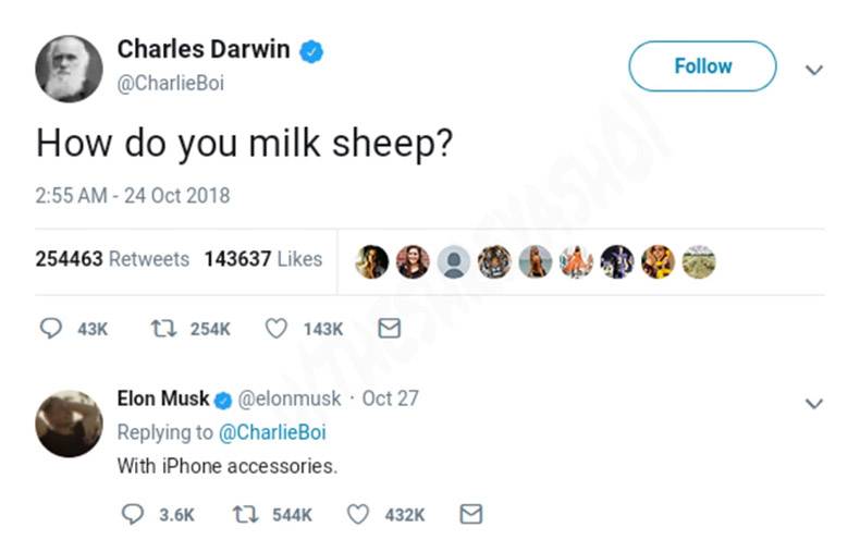 Meme - Charles Darwin Boi How do you milk sheep? 254463 143637 90. 0 943 254 Elon Musk . Oct 27 Boi With iPhone accessories.