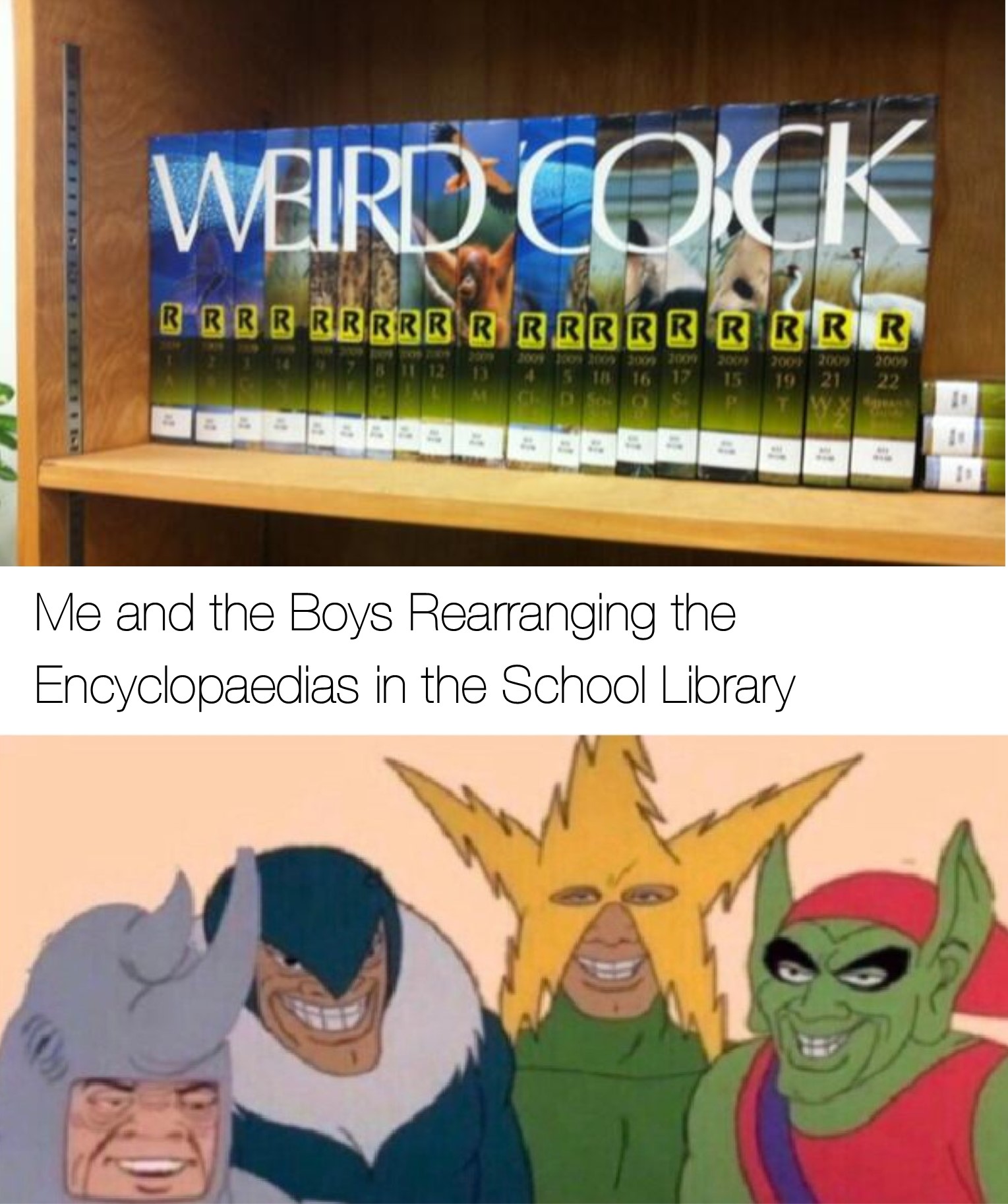 Me and the boys meme -  Internet meme - Weird Cock Aberrrrrr & Brrrrrrrr 2007 2004 21 22 Me and the Boys Rearranging the Encyclopaedias in the School Library