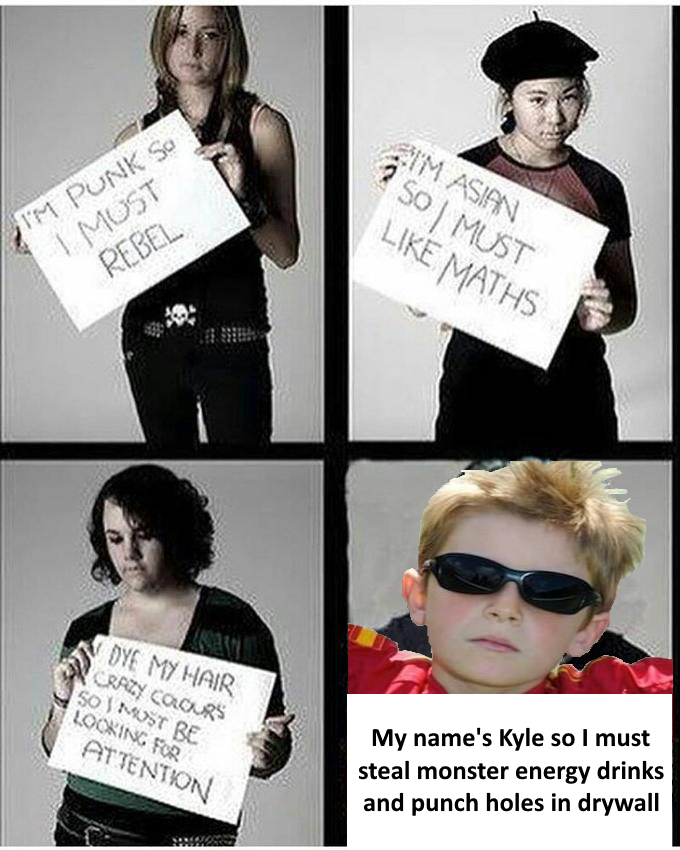 Funny Kyle Memes - fellow 9 year olds - I'M Asian ? So Must Maths I'M Punk So I Must Rebel Dye My Hair Crazy Cours So I Must Be Looking For Attention My name's Kyle so I must steal monster energy drinks and punch holes in drywall