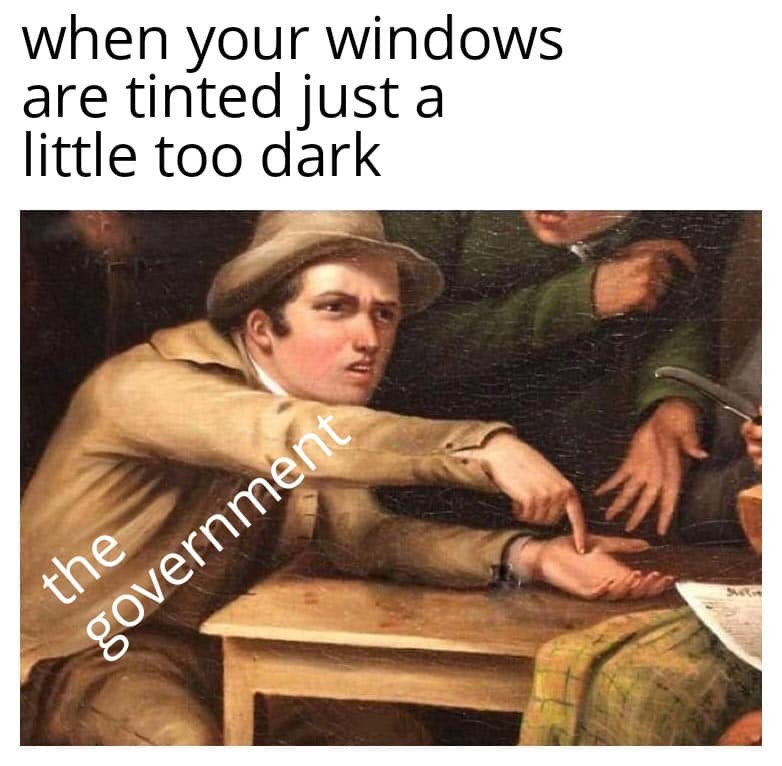 pointing to hand meme - when your windows are tinted just a little too dark the government