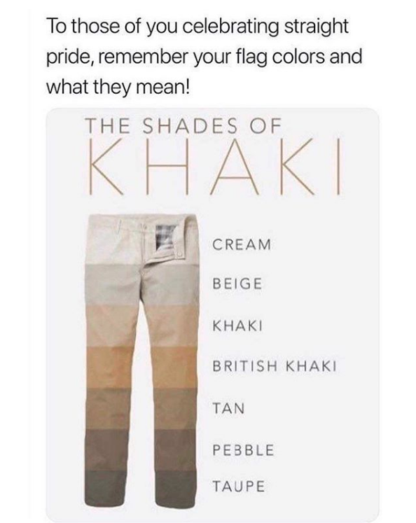 Straight Pride Parade Memes - denim - To those of you celebrating straight pride, remember your flag colors and what they mean! The Shades Of Khaki Cream Beige Khaki British Khaki Tan Pebble Taupe