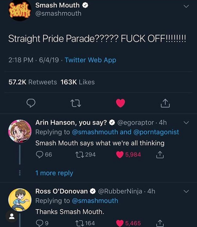 Straight Pride Parade Memes - screenshot - Smash Mouth Straight Pride tweet