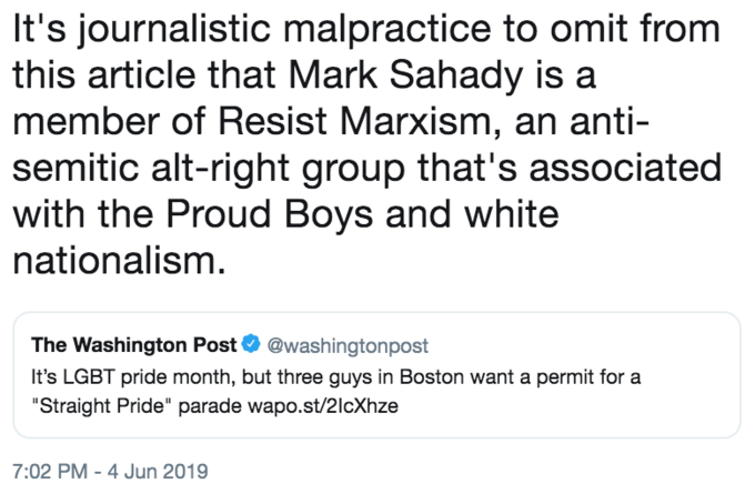 Straight Pride Parade Memes - It's journalistic malpractice to omit from this article that Mark Sahady is a member of Resist Marxism, an anti semitic altright group that's associated with the Proud Boys and white nationalism.