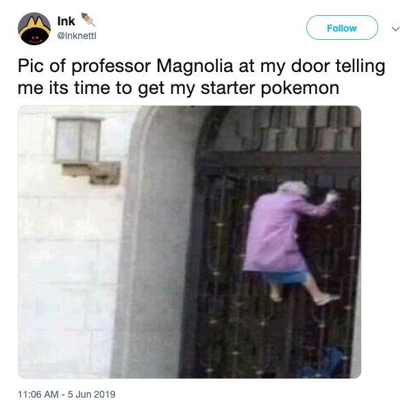 Pokemon Sword and Shield memes - old lady on gate - MInk Pic of professor Magnolia at my door telling me its time to get my starter pokemon