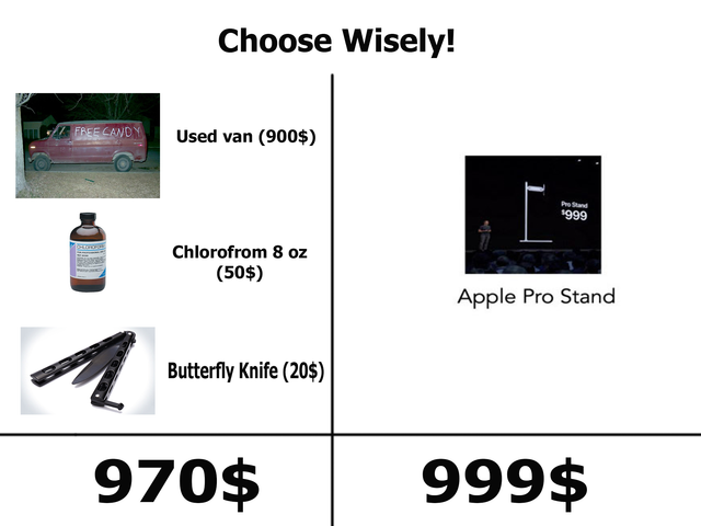 apple pro stand memes - multimedia - Choose Wisely! Used van 900$ 1999 Chlorofrom 8 oz 50$ Apple Pro Stand Butterfly Knife 20$ 970$ 999$