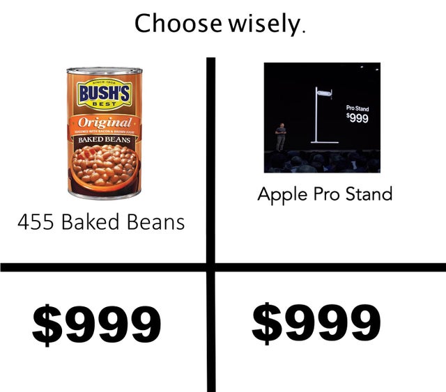 apple pro stand memes - Choose wisely. Bush'S Best Pro Stand $999 Original Baked Beans Apple Pro Stand 455 Baked Beans $999 $999