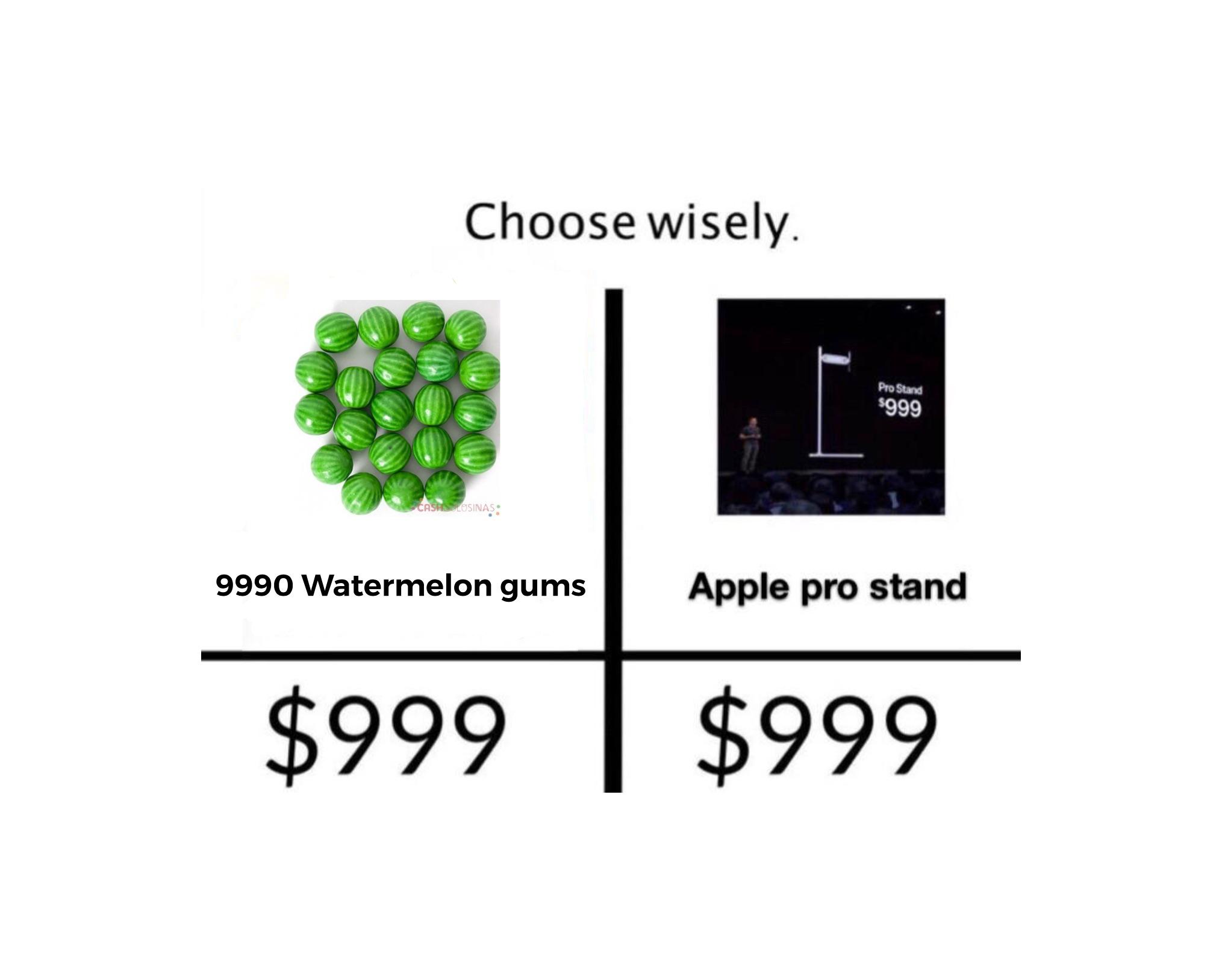 apple pro stand memes - communication - Choose wisely. Pro Stand $999 Caselosinas 9990 Watermelon gums pro stand $999 $999