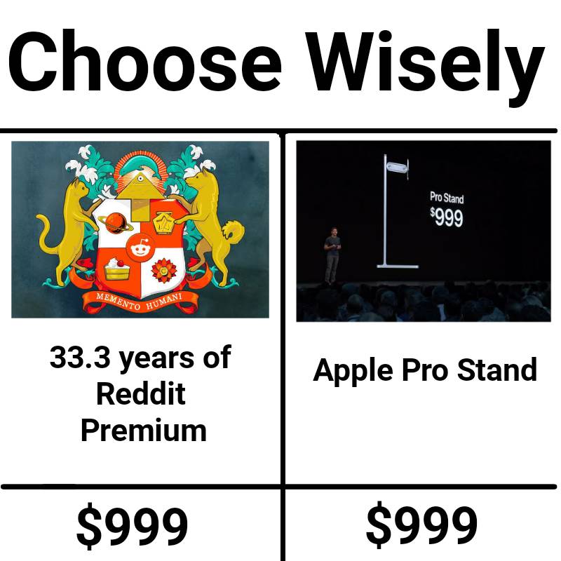 apple pro stand memes - communication - Choose Wisely 3 Pro Stand $999 Memento Humani Apple Pro Stand 33.3 years of Reddit Premium $999 $999