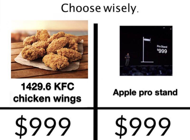 apple pro stand memes - fast food - Choose wisely. Pro Stand $999 1429.6 Kfc chicken wings Apple pro stand $999 $999