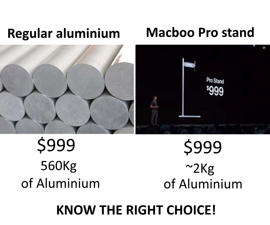 apple pro stand memes - aluminium rod - Regular aluminium Macboo Pro stand Pro Stand $999 $g of Aluminium $999 ~2kg of Aluminium Know The Right Choice!