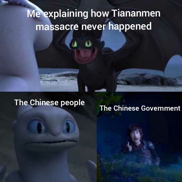 toothless how to train your dragon meme about photo caption - Me explaining how Tiananmen massacre never happened The Chinese people The Chinese Government