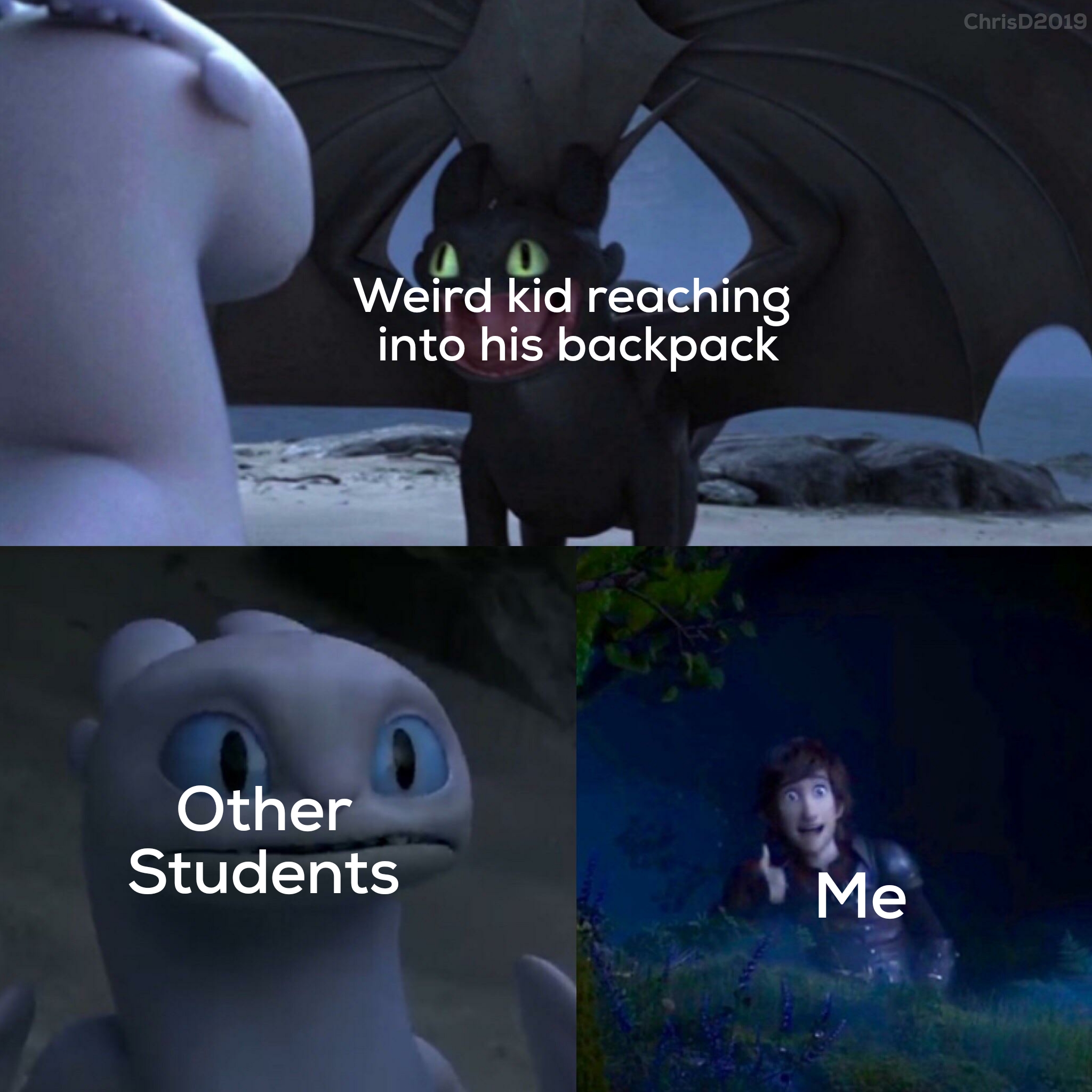 toothless how to train your dragon meme about video - Chris2010 Weird kid reaching into his backpack Other Students Me