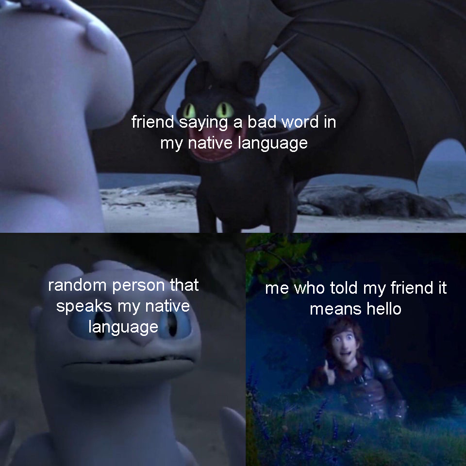 toothless how to train your dragon meme about video - friend saying a bad word in my native language random person that speaks my native language me who told my friend it means hello
