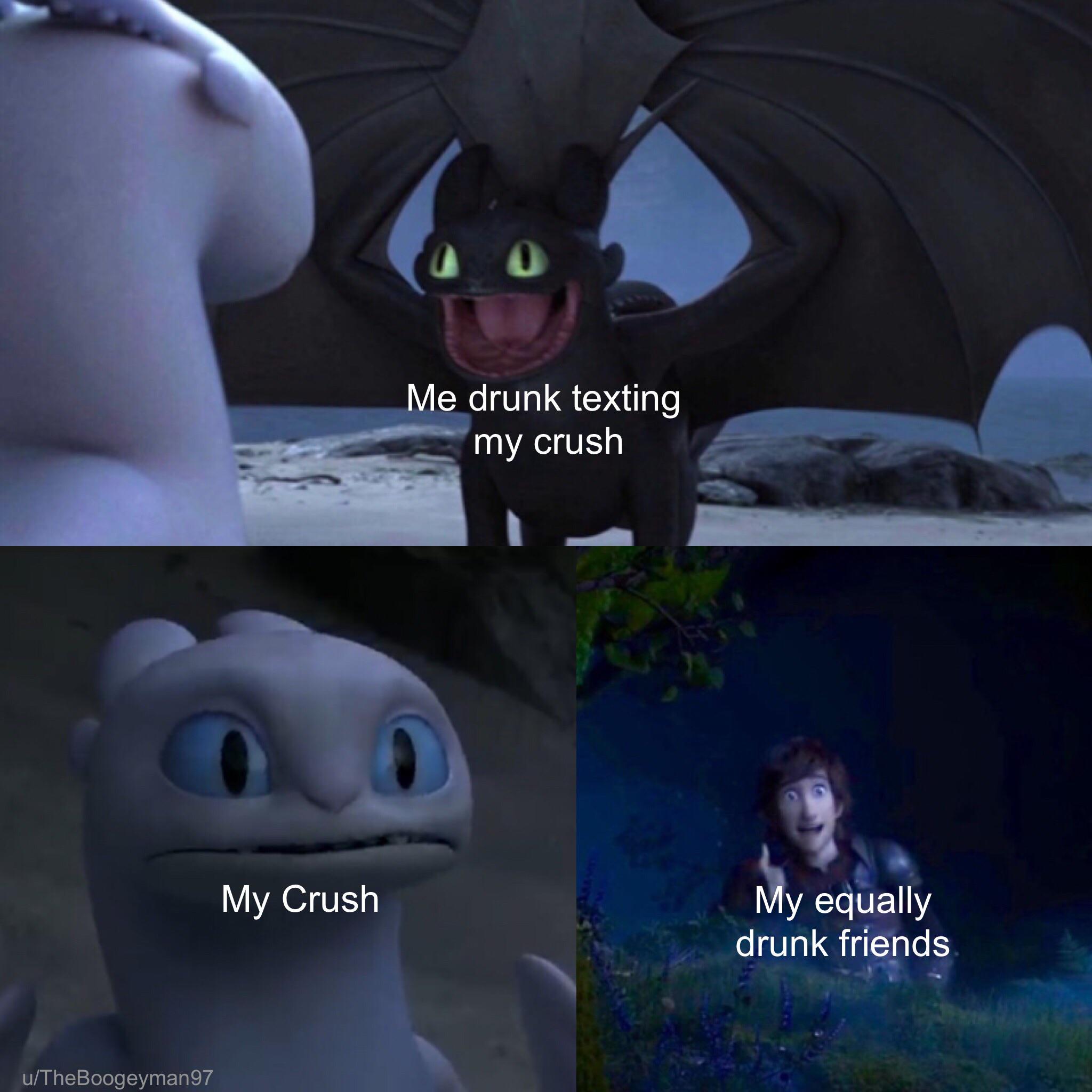 toothless how to train your dragon meme about Me drunk texting my crush My Crush My equally drunk friends uTheBoogeyman97