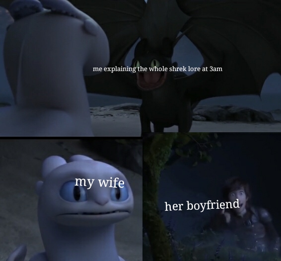 toothless how to train your dragon meme about screenshot - me explaining the whole shrek lore at 3am my wife her boyfriend