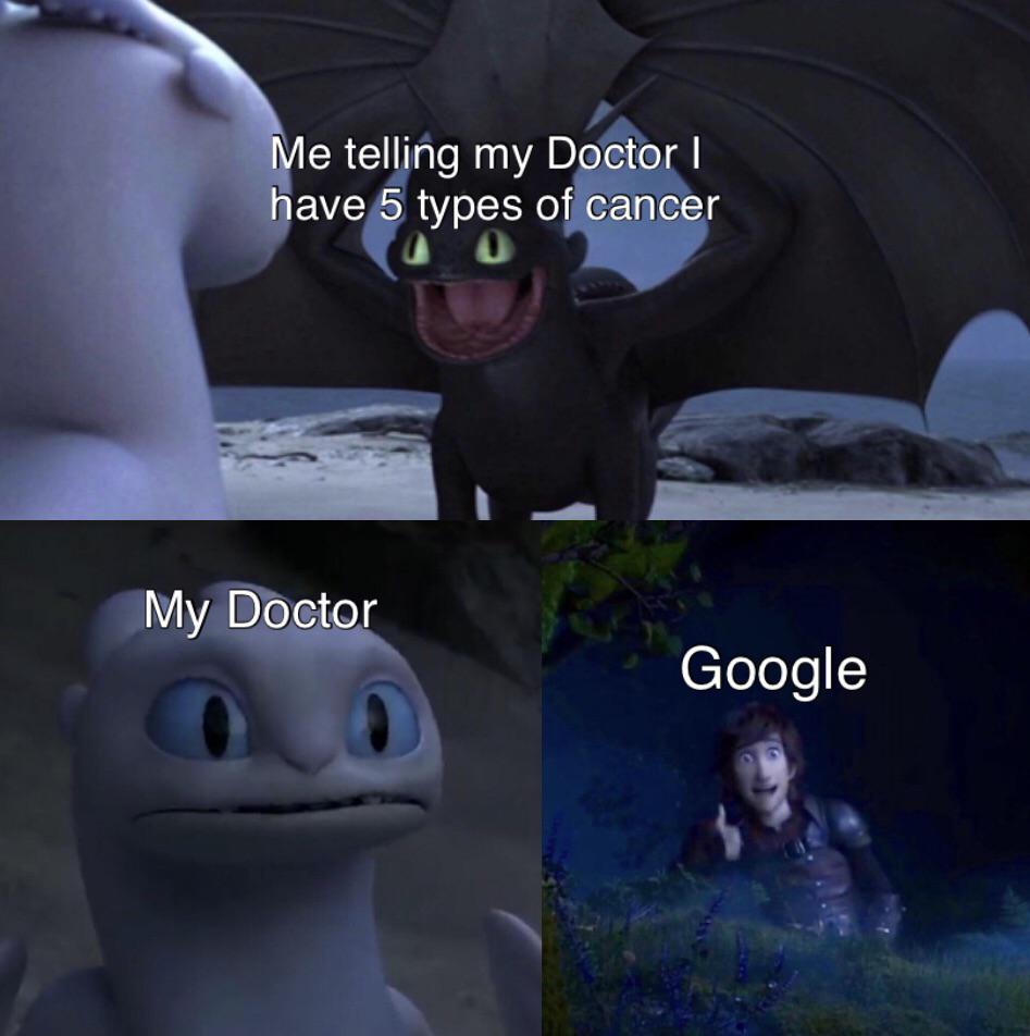 toothless how to train your dragon meme about Internet meme - Me telling my Doctor | have 5 types of cancer My Doctor Google