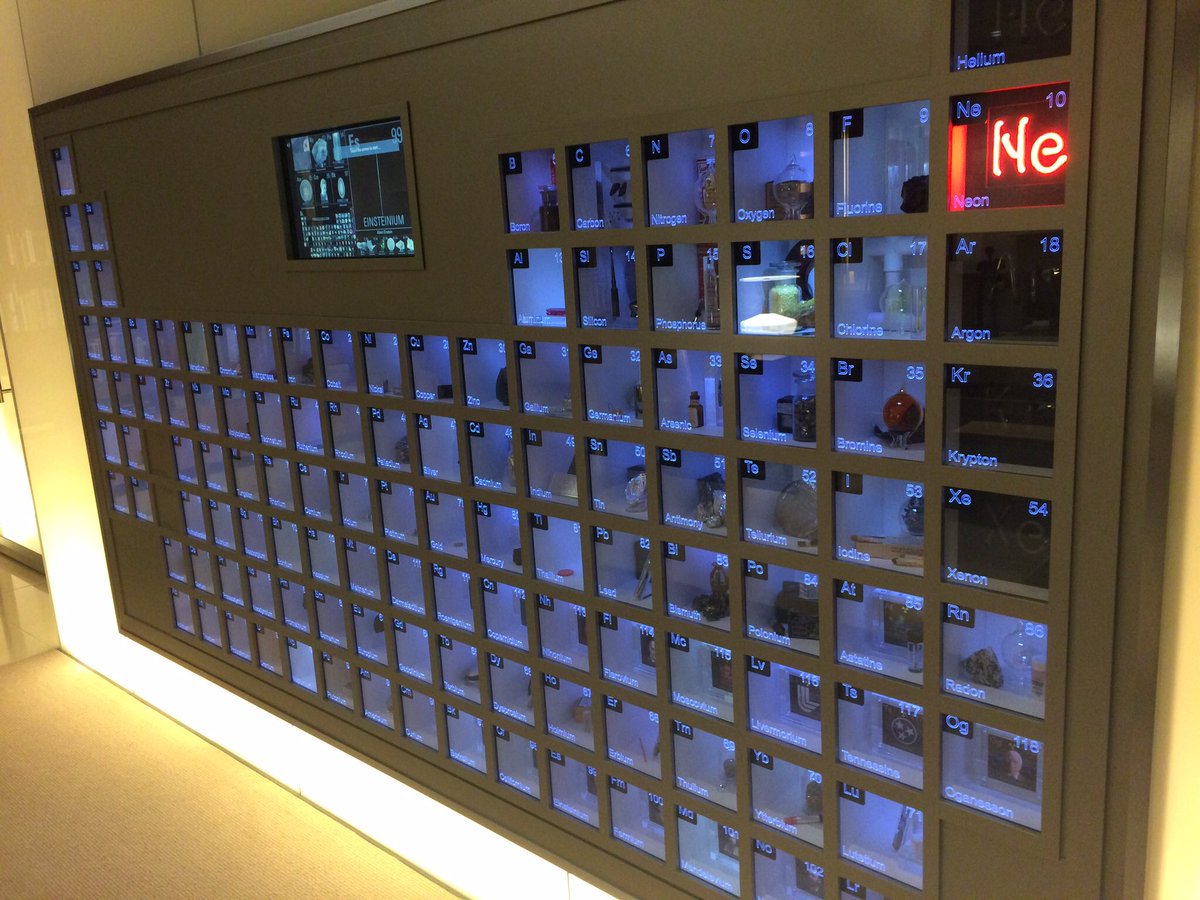Wall-size installation of the periodic table with elements inside glass cases