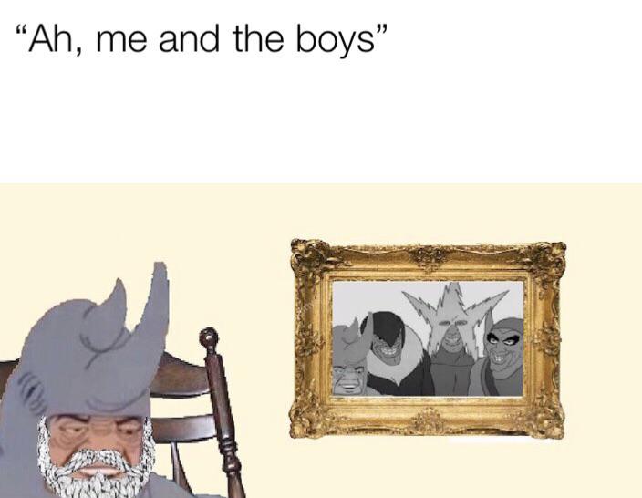 Me and the boys meme where Rhino is an old man in a rocking chair looking at a black and white photo of the meme format with the text 'ah, me and the boys'